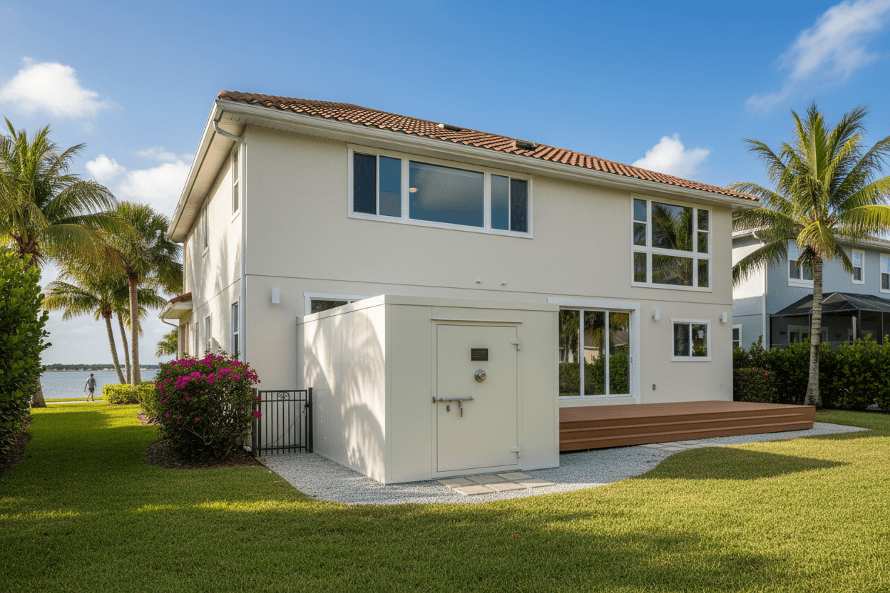 A completed storm shelter installation job at a house
