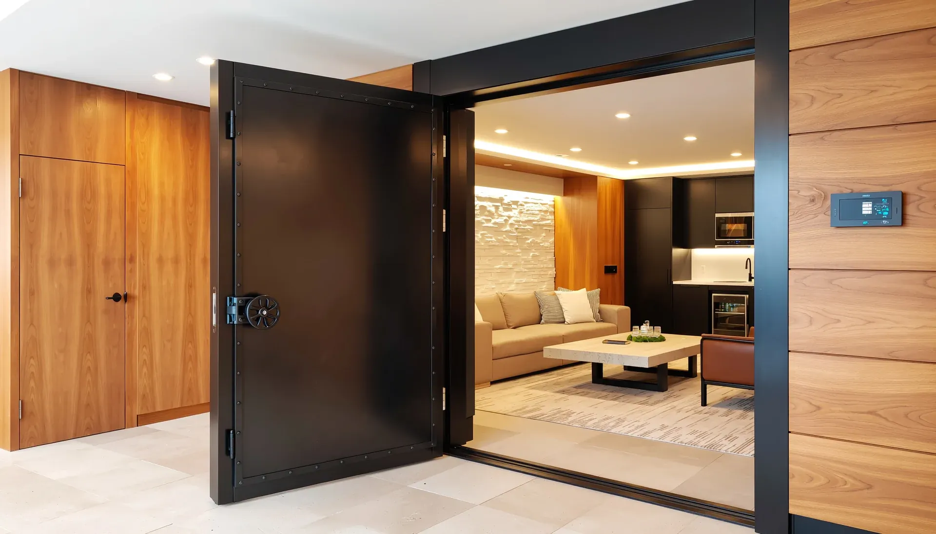 Open heavy black pivot door revealing a modern interior with a living area, compact kitchen, and wooden paneling.